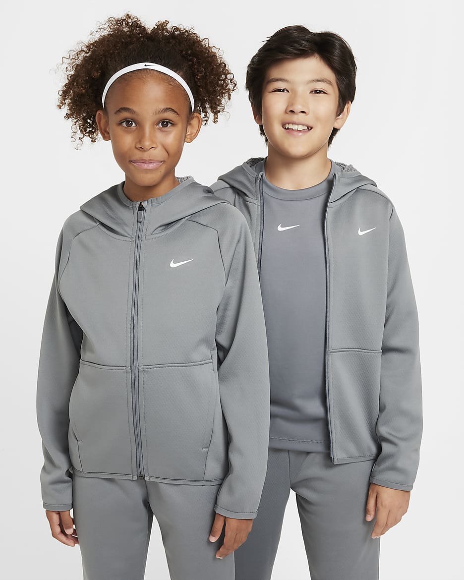 Sweat à capuche de training d'hiver Therma-FIT Nike pour ado - Smoke Grey/Smoke Grey/Blanc