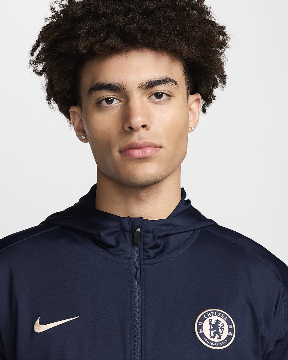 Survêtement de foot en maille à capuche Nike Dri-FIT Chelsea FC Strike pour homme - Obsidian/Light Photo Blue/Guava Ice