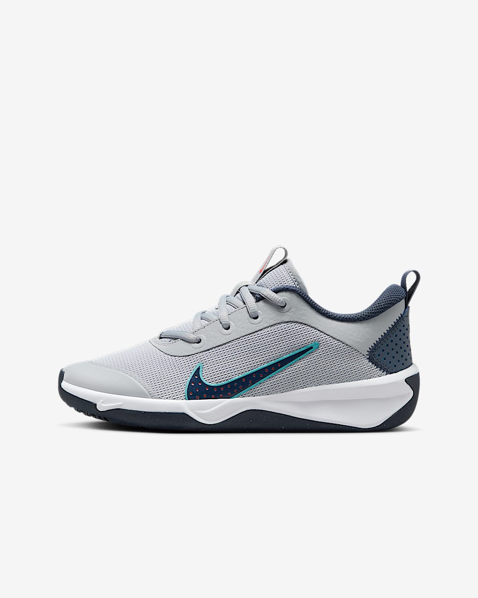 Tenis para cancha cubierta para niños grandes Nike Omni Multi-Court - Gris lobo/Carmesí brillante/Cactus empolvado/Trueno azul