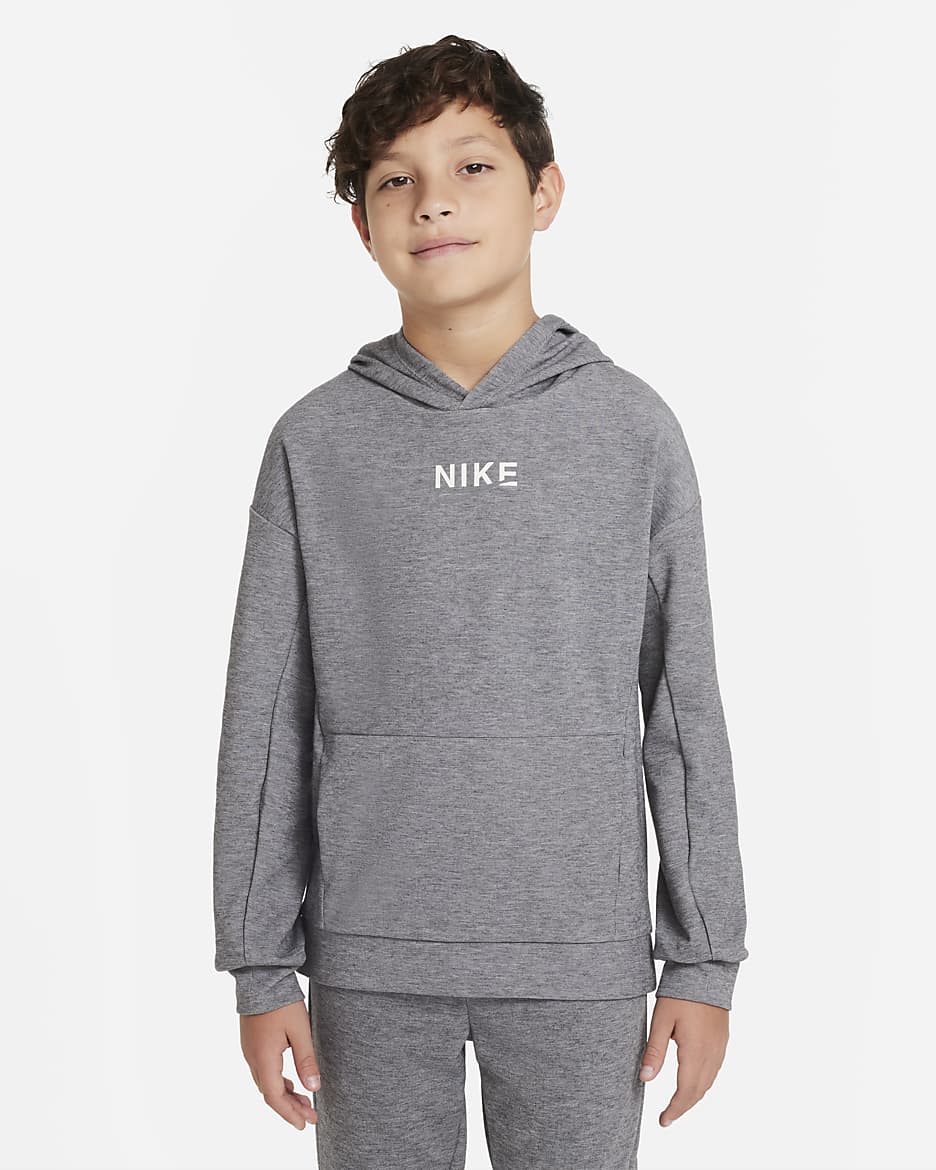 Sudadera con gorro sin cierre de entrenamiento para niños talla grande Nike Dri-FIT Performance Select - Negro/Jaspeado/Gris humo