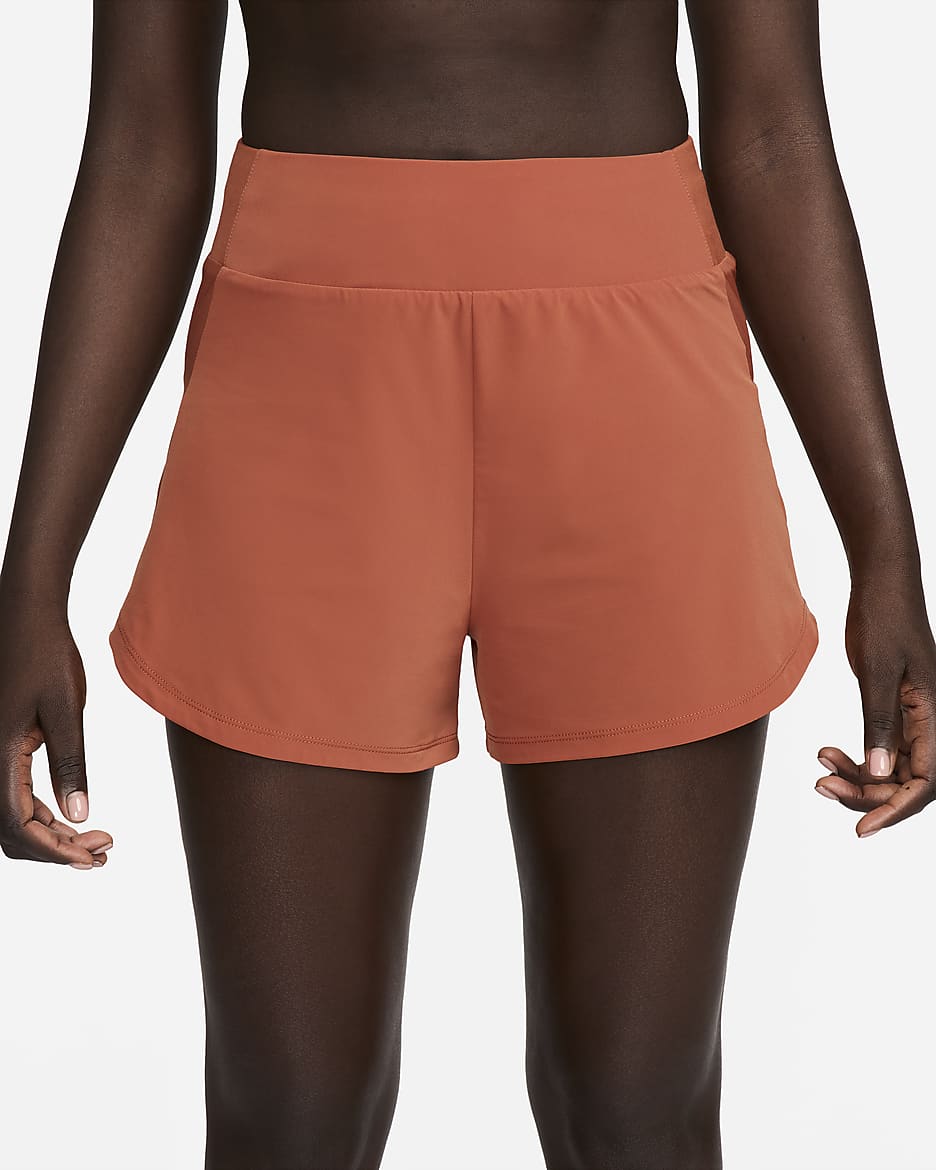 Nike Bliss treningsshorts med Dri-FIT, høyt liv og innershorts til dame (8 cm) - Burnt Sunrise