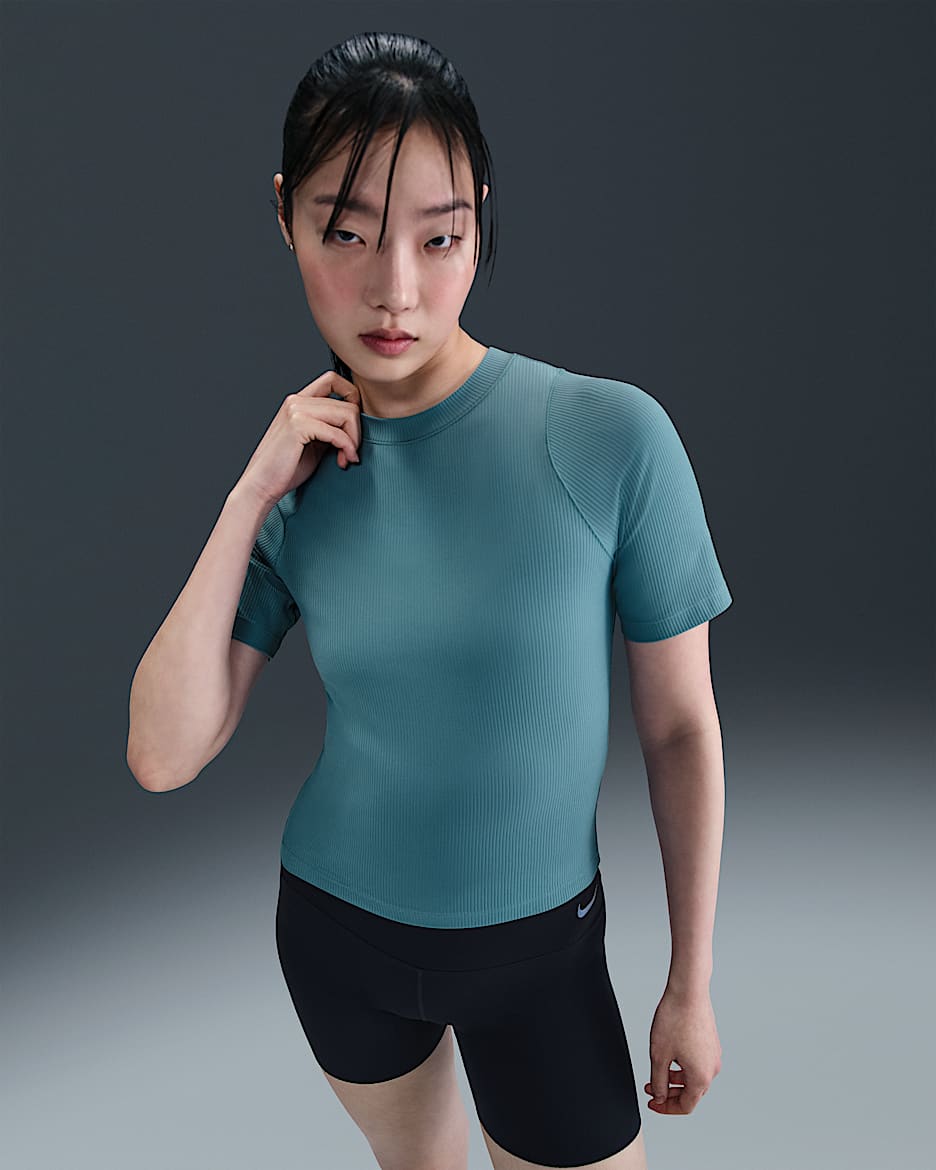 Nike Zenvy Rib Women's Dri-FIT Short-Sleeve Top - Smoky Blue/White
