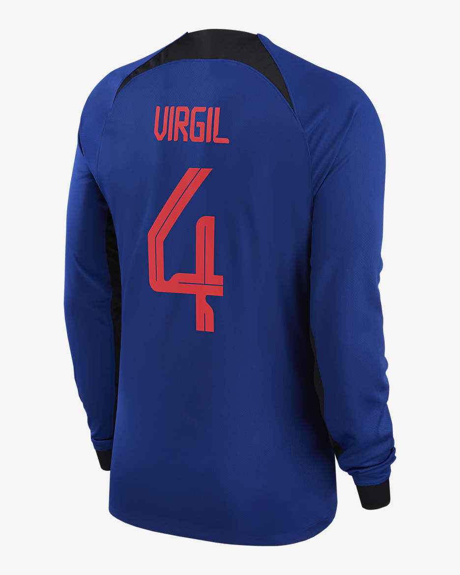 Netherlands National Team 2022/23 Stadium Away (Virgil van Dijk) Men's Nike Dri-FIT Long-Sleeve Soccer Jersey - Blue