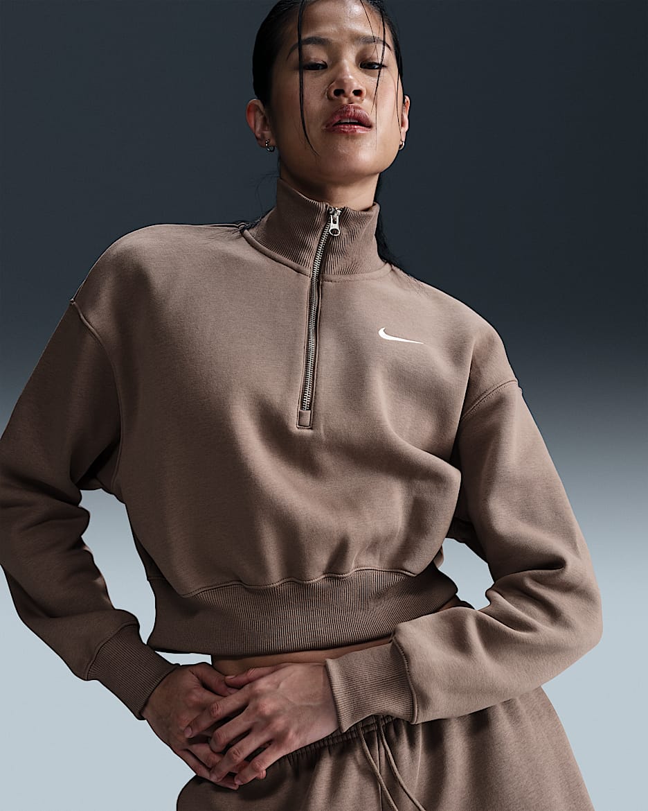 Nike Sportswear Phoenix Fleece avkortet sweatshirt med glidelås i halv lengde til dame - Mink Brown/Sail