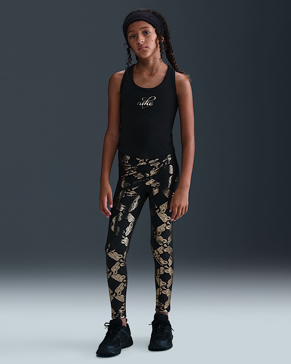 Nike One Big Kids' (Girls') Dri-FIT Printed Leggings - Black/Metallic Gold