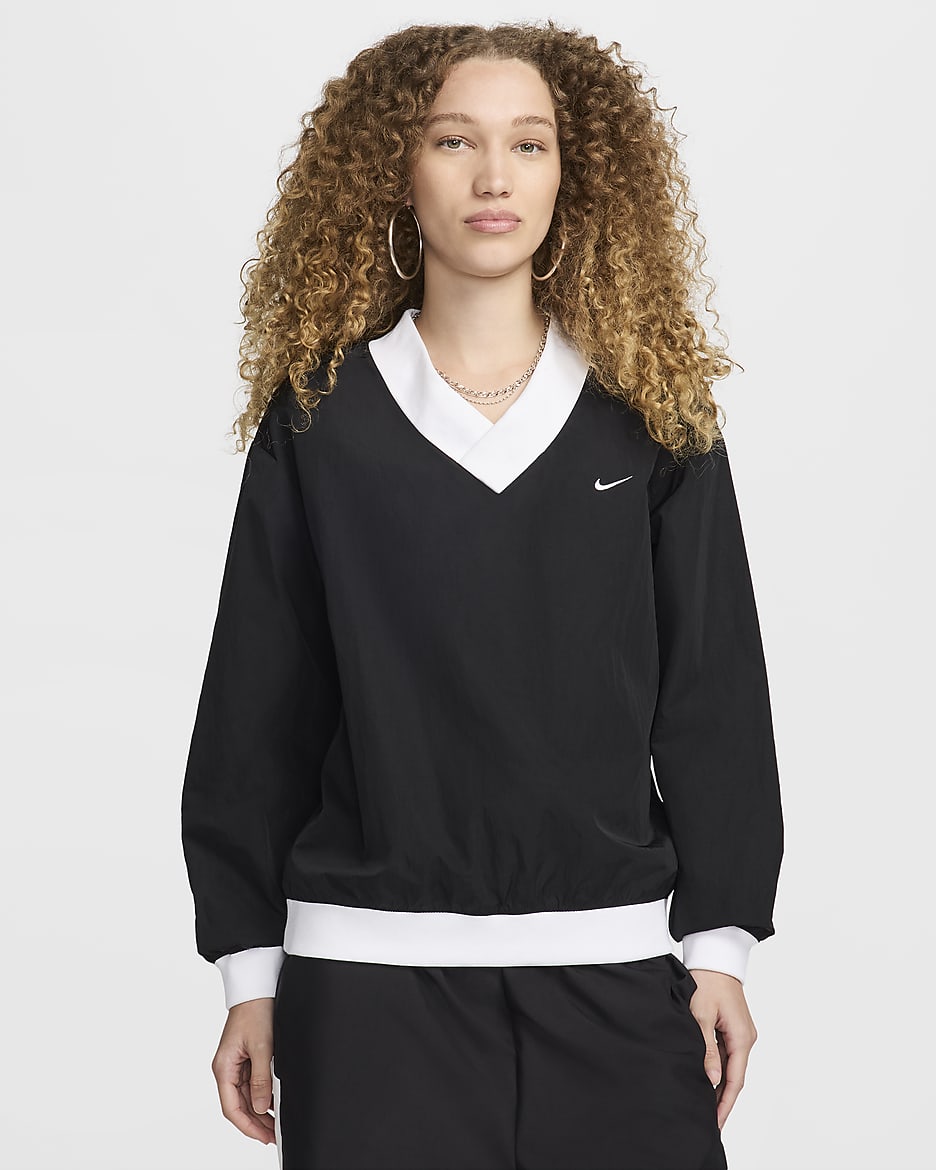 Nike Sportswear Essential Women's Loose UV Woven Long-Sleeve V-Neck Top - Black/White