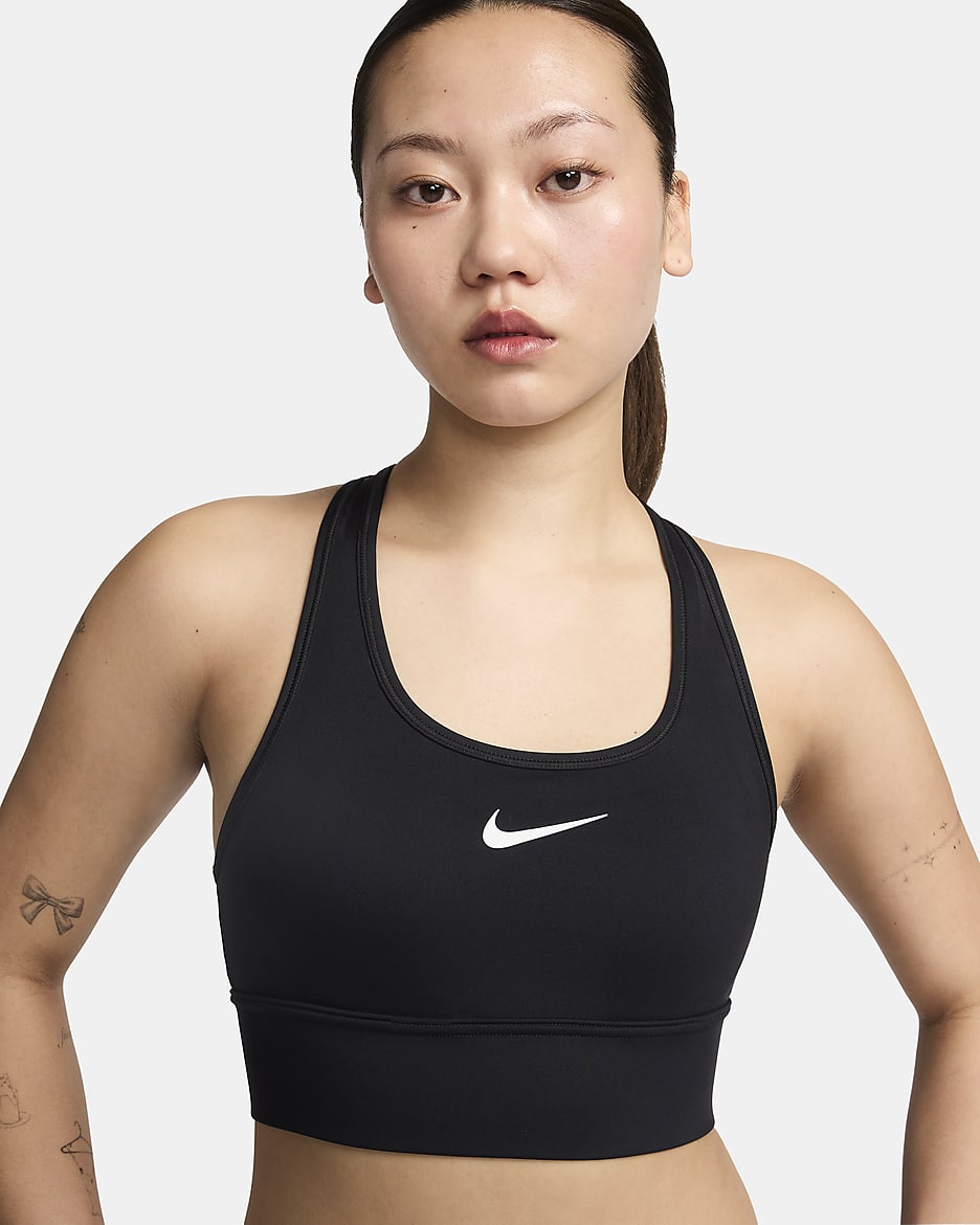 Nike Swoosh 中度支撐型女款襯墊長版運動內衣 - 黑色/黑色/白色