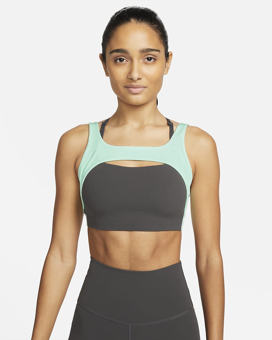 Bra deportivo de tela de canalé con forro ligero de baja sujeción para mujer Nike Yoga Indy - Ceniza medio/Espuma menta/Gris partícula