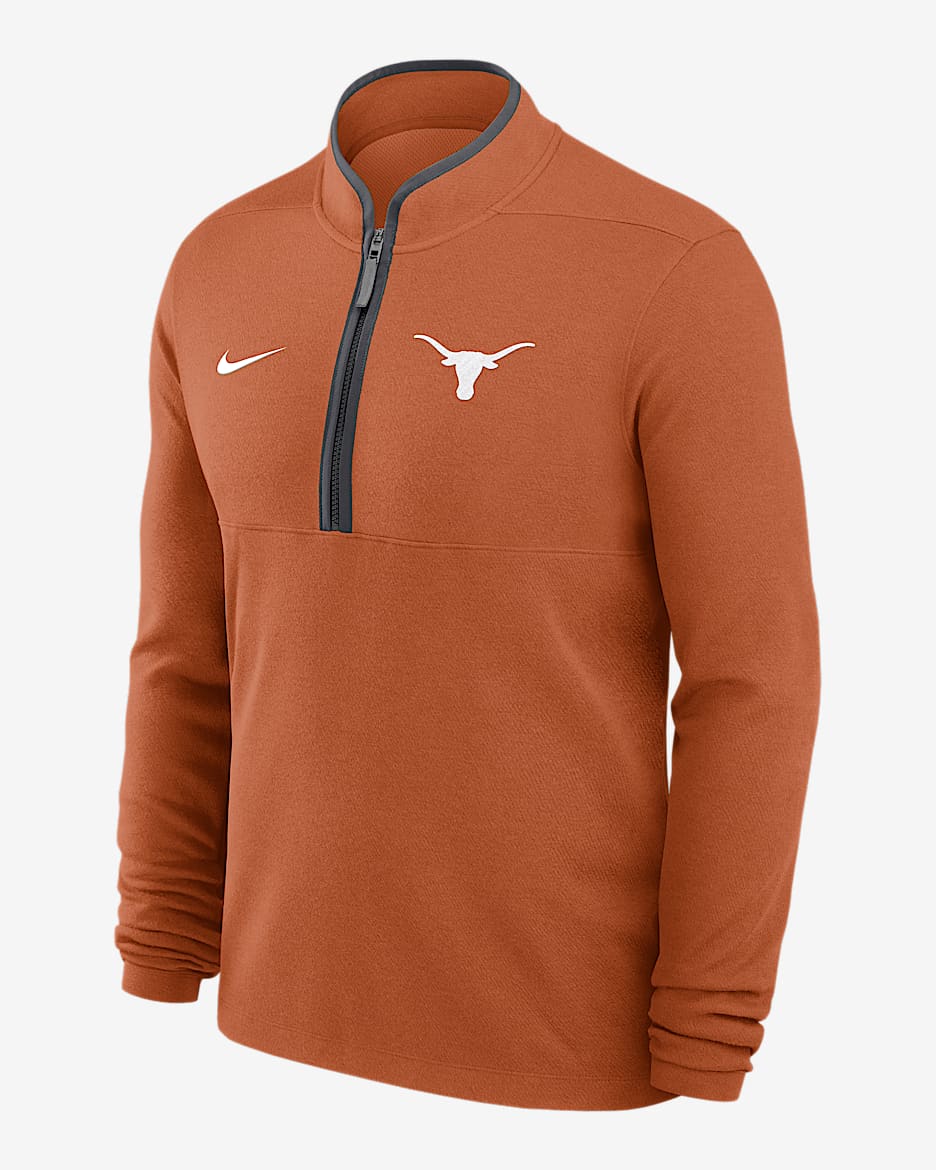 Playera de manga larga universitaria Nike Dri-FIT de medio cierre para hombre Texas Victory - Naranja quemado