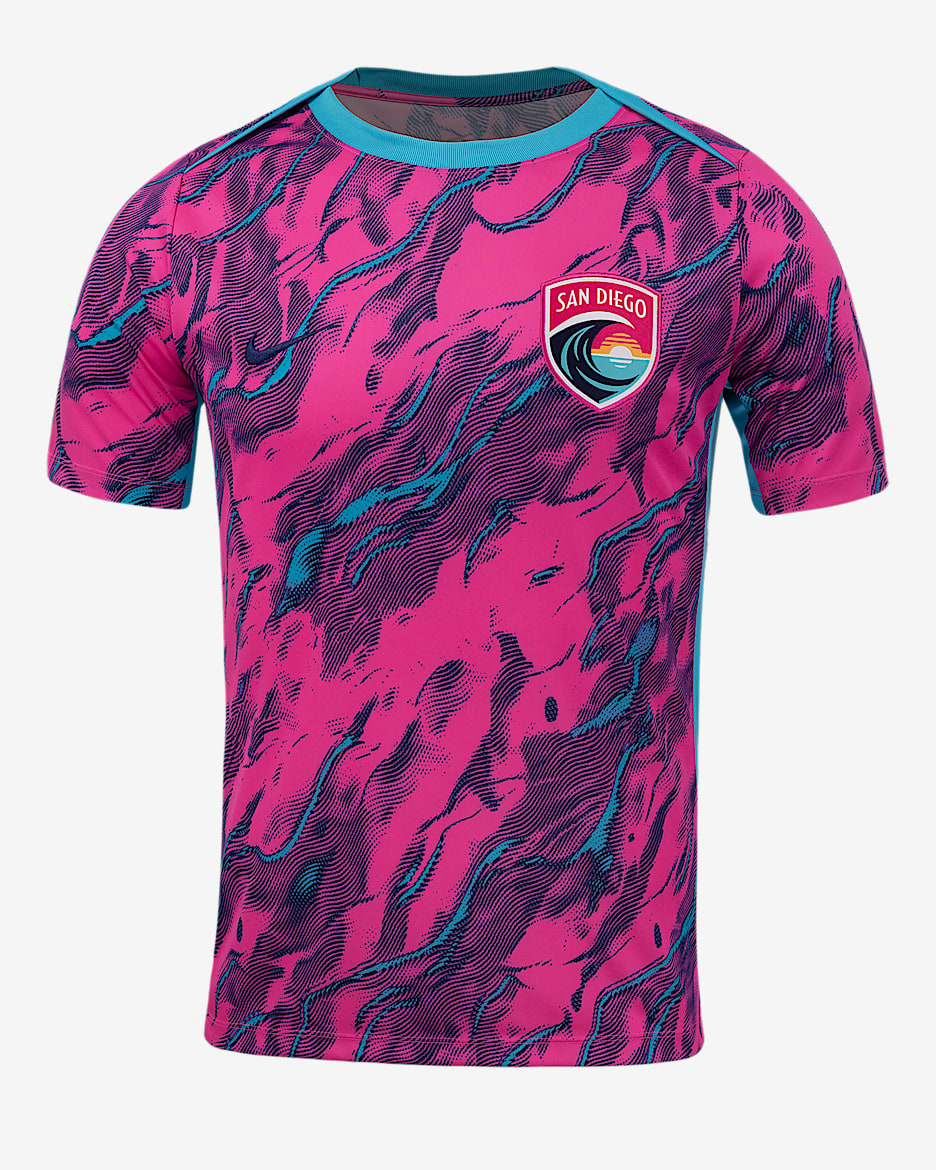Playera de manga corta Nike de la NWSL para antes del partido para hombre San Diego Wave FC 2025 - Azul cloro/Rosa láser