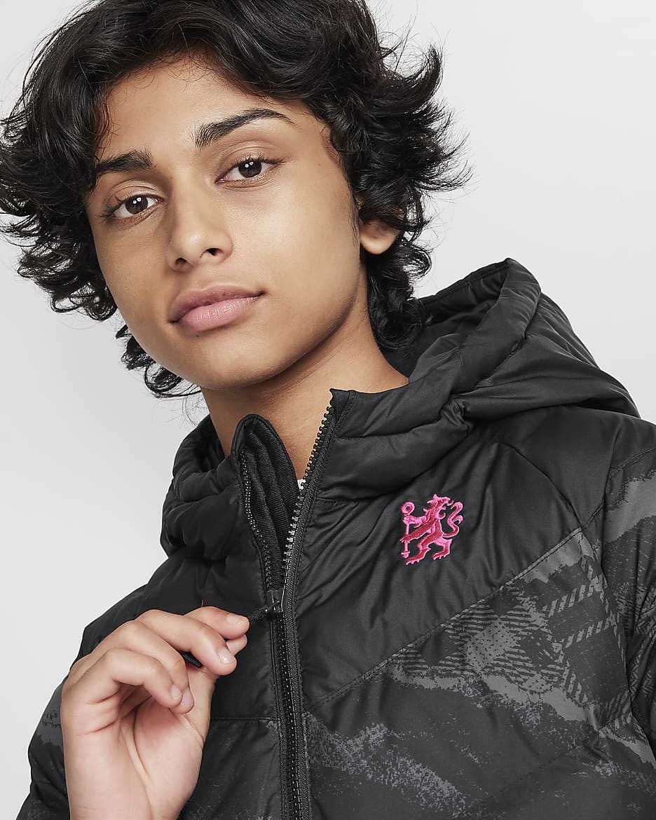 FC Chelsea Third Nike Football Jacke mit Synthetikfüllung und Kapuze (ältere Kinder) - Schwarz/Schwarz/Pink Prime