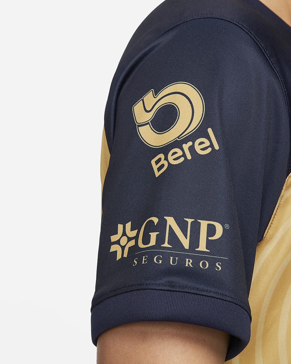 Maillot de football Nike Dri-FIT Pumas UNAM 2022/2023 Stadium Extérieur pour Homme - Truly Gold/Obsidian/Obsidian