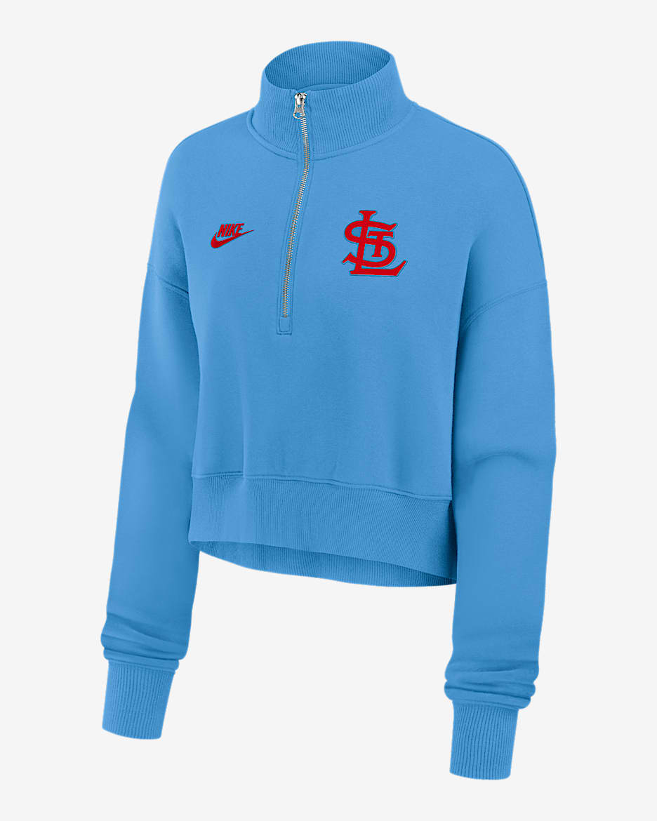 St. Louis Cardinals Cooperstown Phoenix Women's Nike MLB Cropped 1/2-Zip Crew - Light Blue