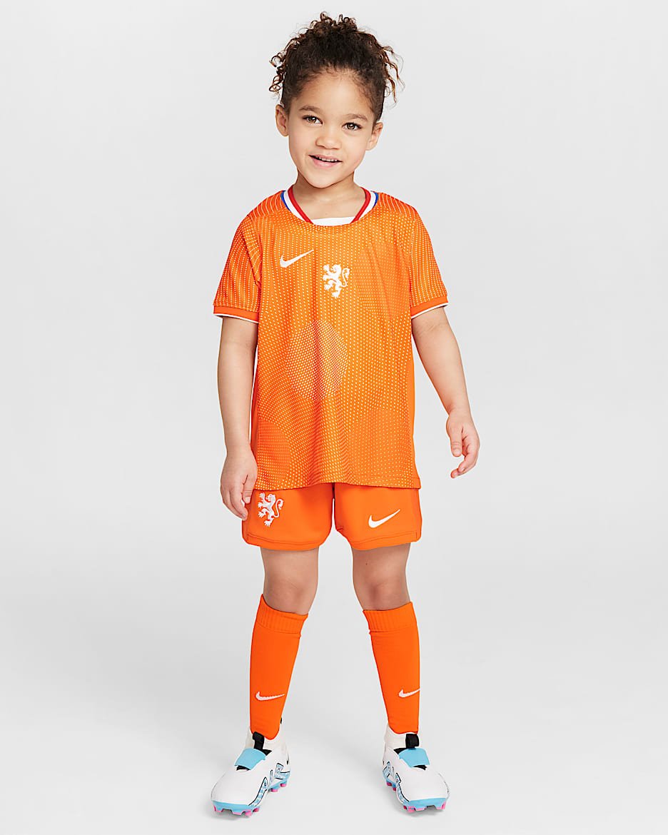 Netherlands 2025/26 Stadium Home Little Kids' Nike Soccer Replica 3-Piece Kit - Safety Orange/White