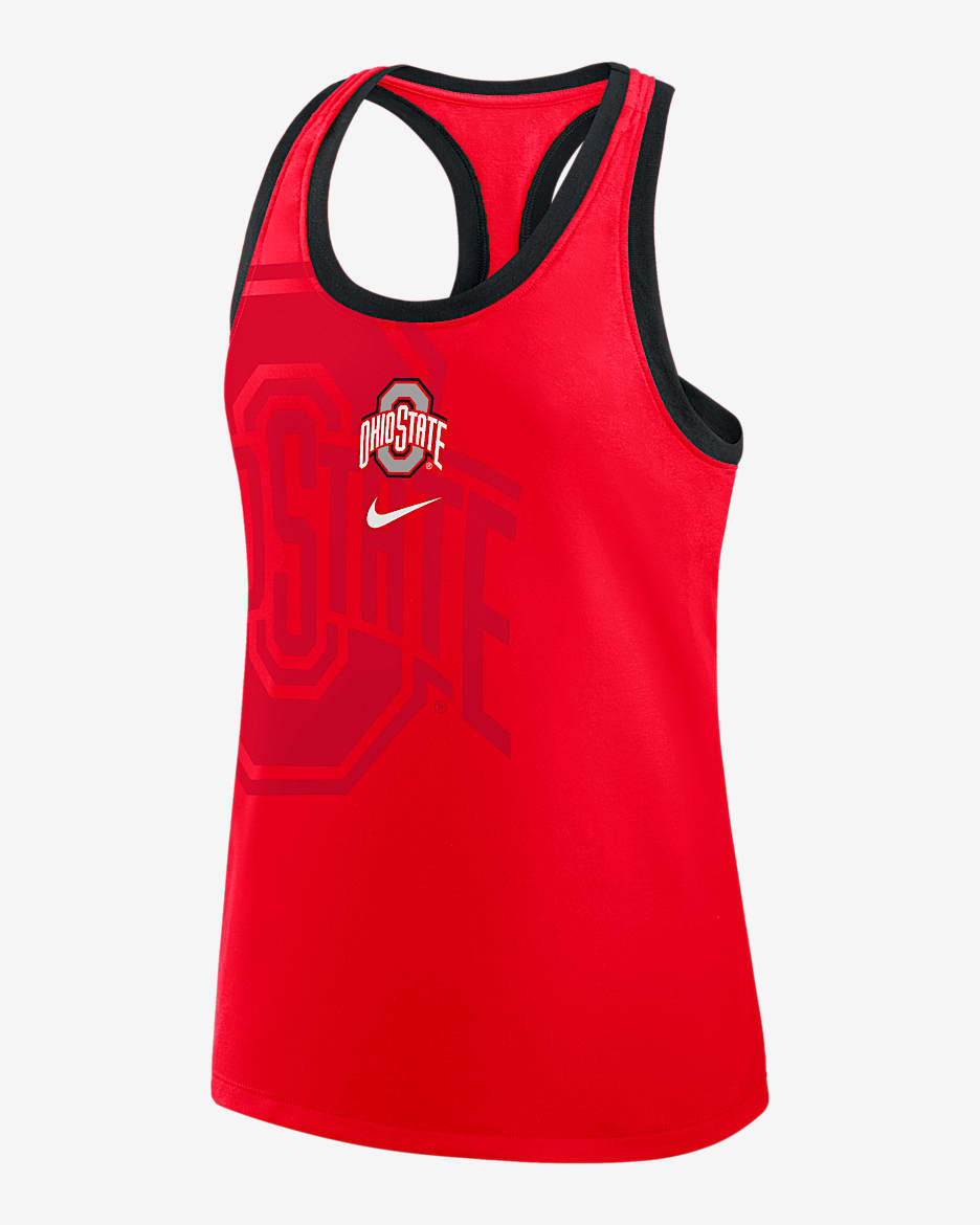 Camiseta de tirantes universitaria Nike con espalda deportiva para mujer Ohio State Primetime Shadow - Rojo