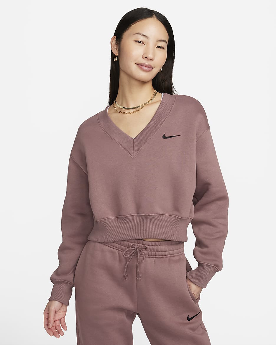 Nike Sportswear Phoenix Fleece Women's Cropped V-Neck Top - Smokey Mauve/Black
