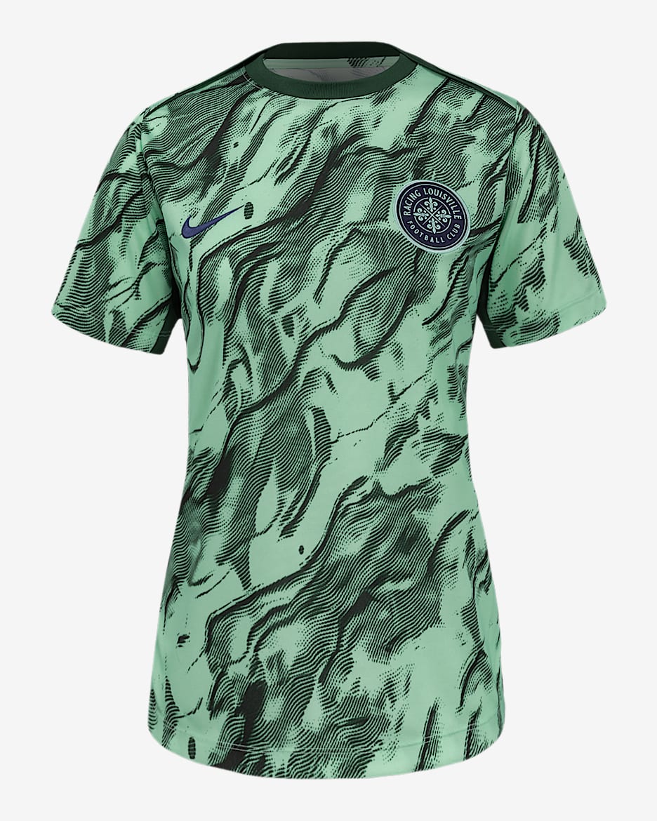 Playera de manga corta Nike de la NWSL para antes del partido para mujer Racing Louisville FC 2025 - Bosque nocturno/Espuma menta