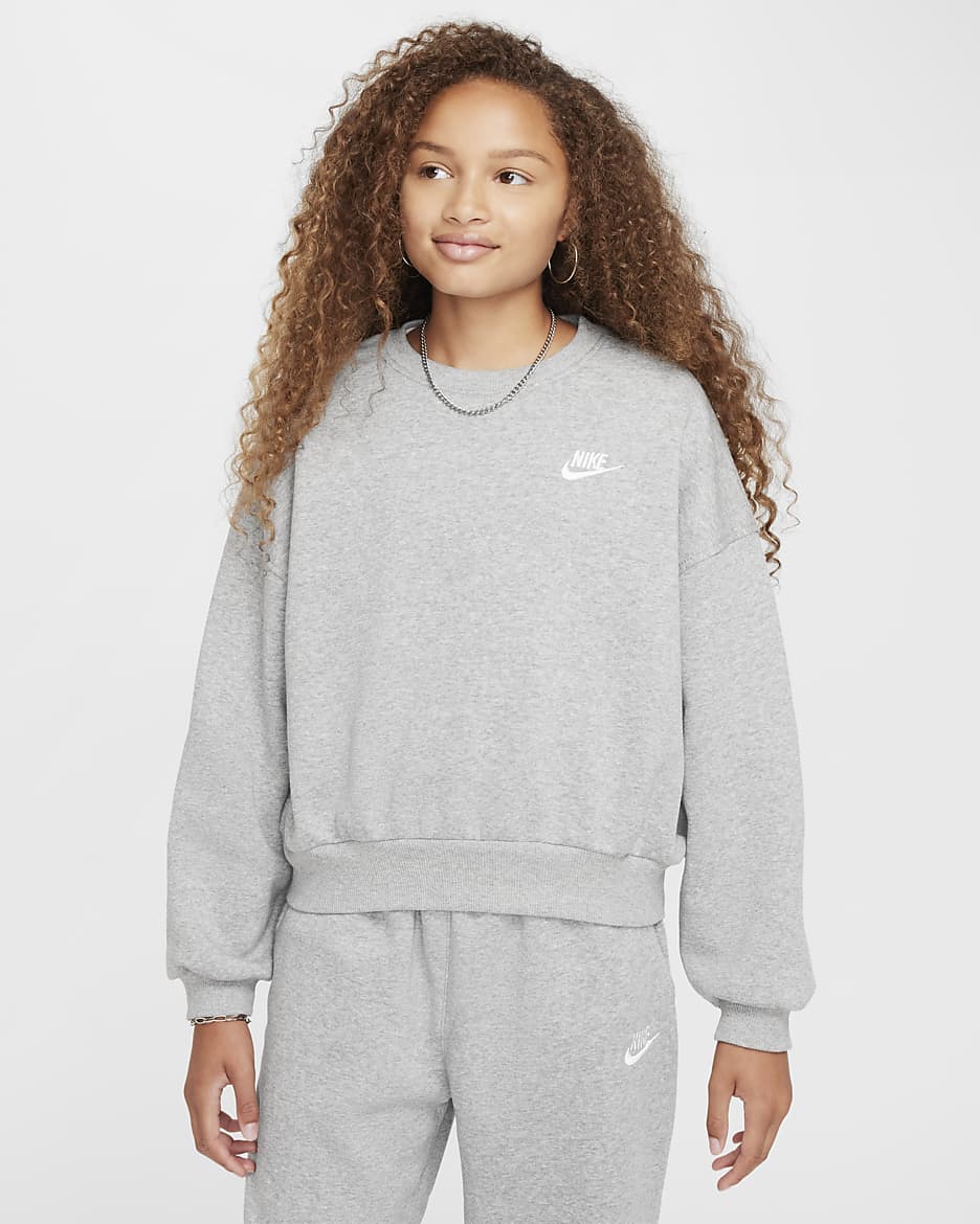Sudadera de cuello redondo Dri-FIT de corte cuadrado para niña Nike Sportswear Club Fleece - Gris oscuro jaspeado/Blanco