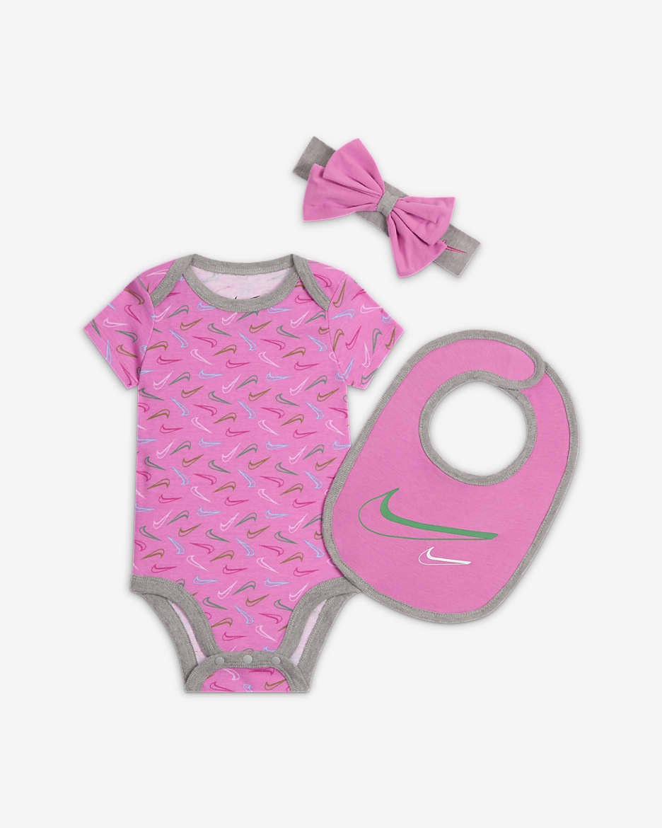 Nike Tossed Swooshfetti Baby (0-9M) 3-Piece Bodysuit Set - Playful Pink
