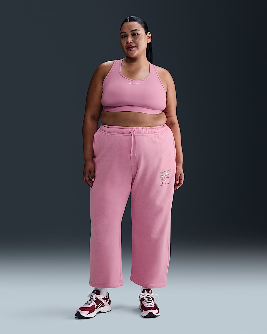 Pants estampados de tiro medio y pierna amplia para mujer (talla grande) Nike Sportswear Club Fleece - Rosa elemental/Jaspeado/Vela