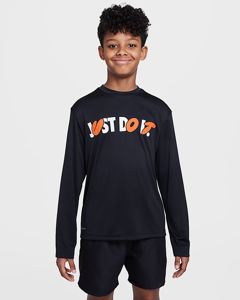 Playera de manga larga Dri-FIT para niño talla grande Nike Swim Hydroguard - Negro/Blanco/Naranja motor/Blanco