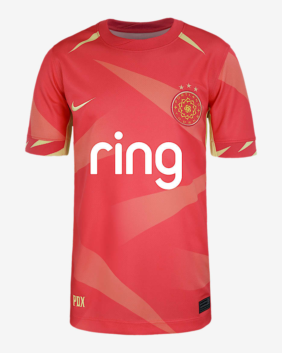 Jersey Nike Dri-FIT de la NWSL tipo réplica para niños talla grande Portland Thorns FC local 2025 Stadium - Rojo fusión claro/Citrón claro