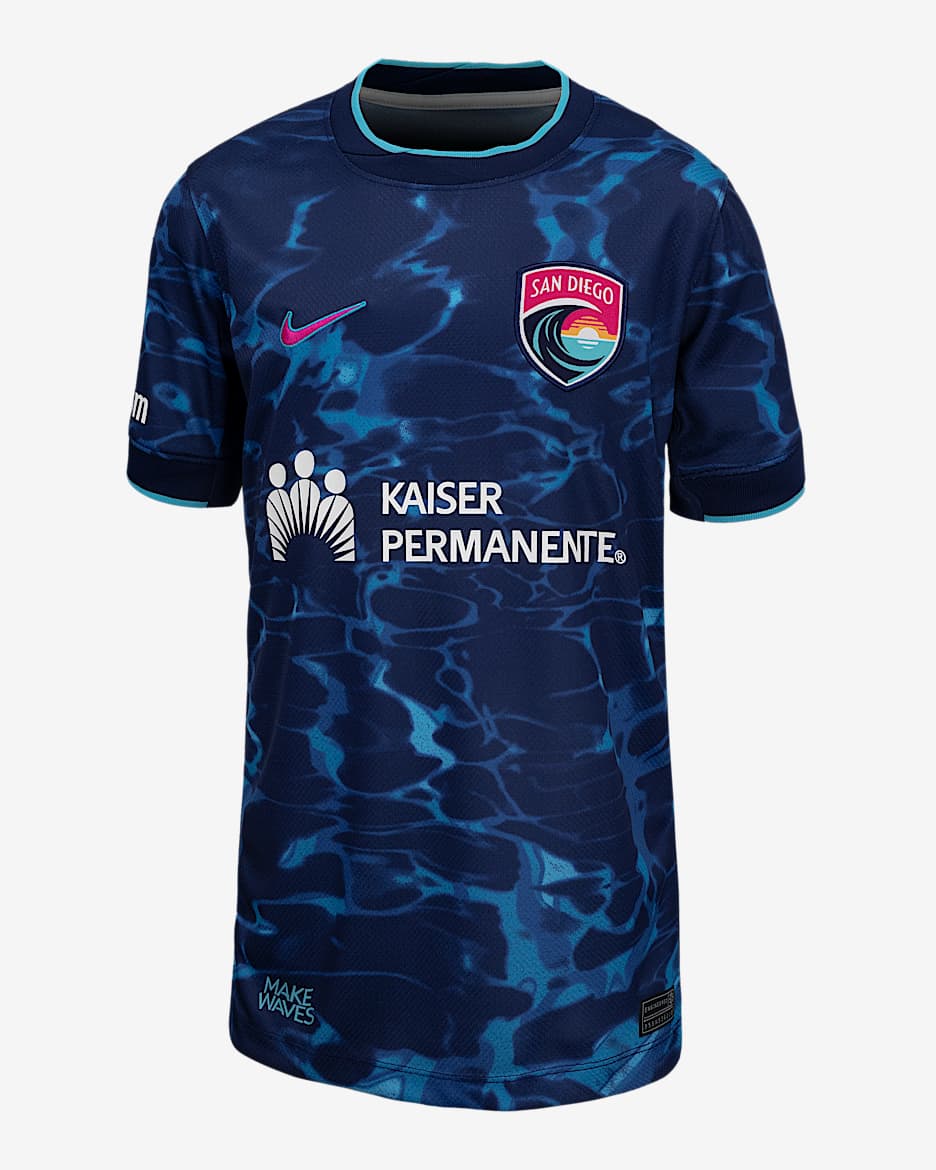 Jersey Nike Dri-FIT de la NWSL Replica del San Diego Wave FC visitante 2025 Stadium para niños talla grande - Arrendajo azul/Azul vacío