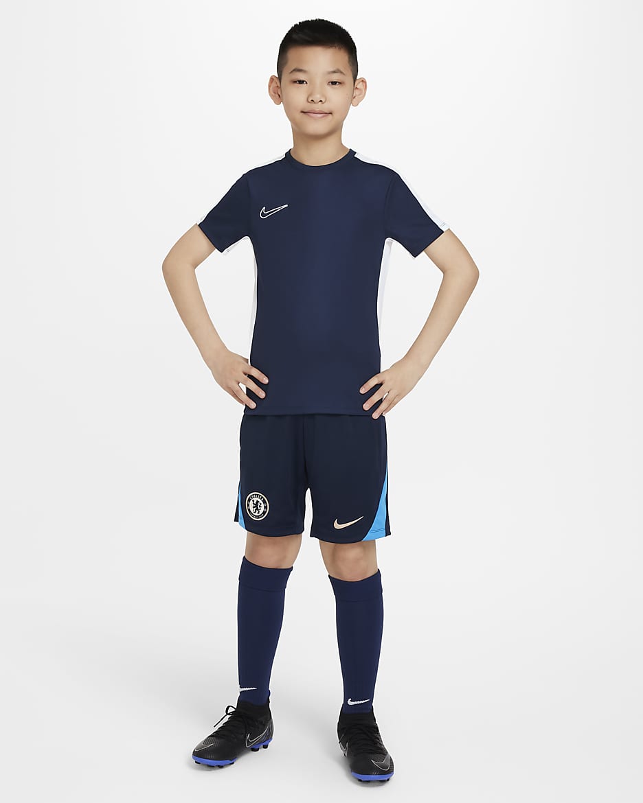 Shorts da calcio in maglia Nike Dri-FIT Chelsea FC Strike – Ragazzo/a - Ossidiana/Light Photo Blue/Guava Ice