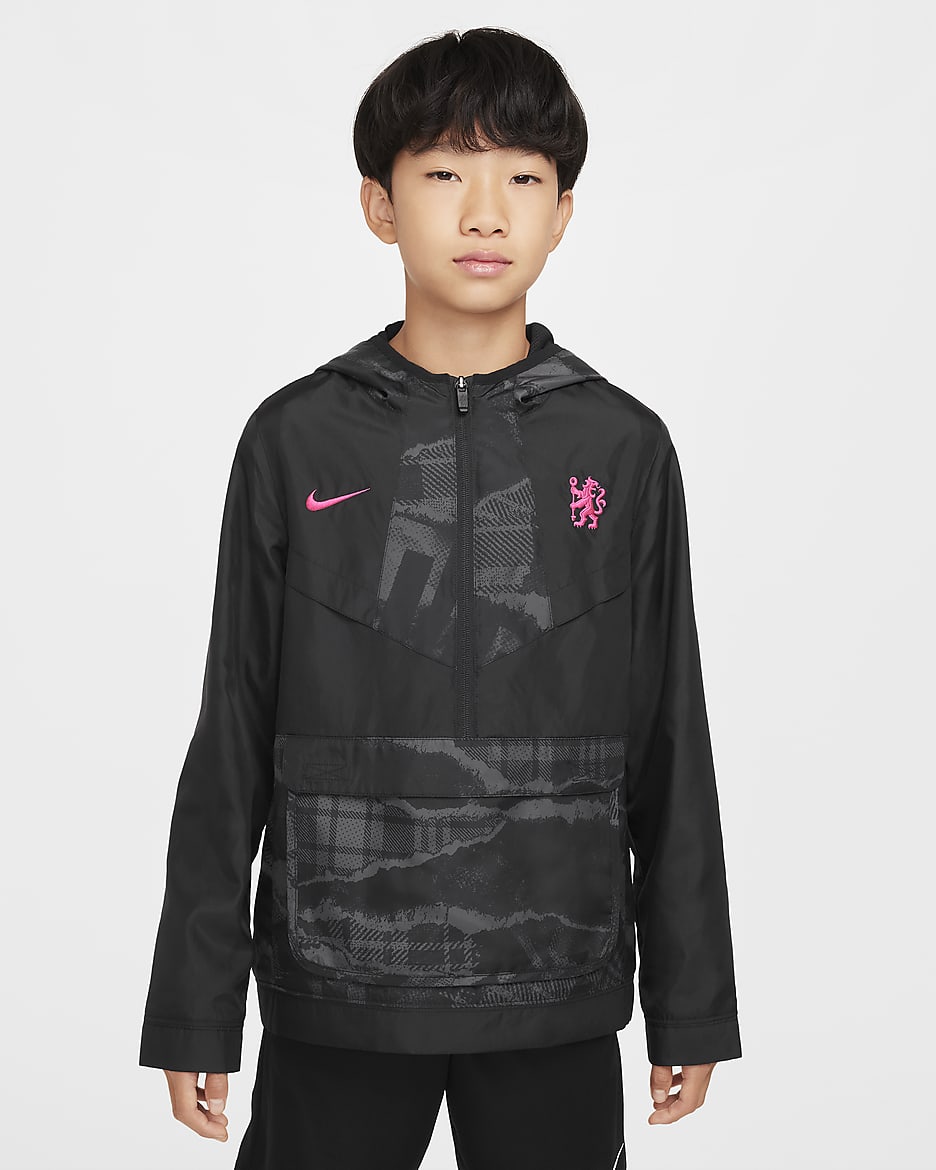 Chelsea FC Amplify Windrunner Third Big Kids' (Boys') Nike Soccer Anorak - Black/Black/Pink Prime