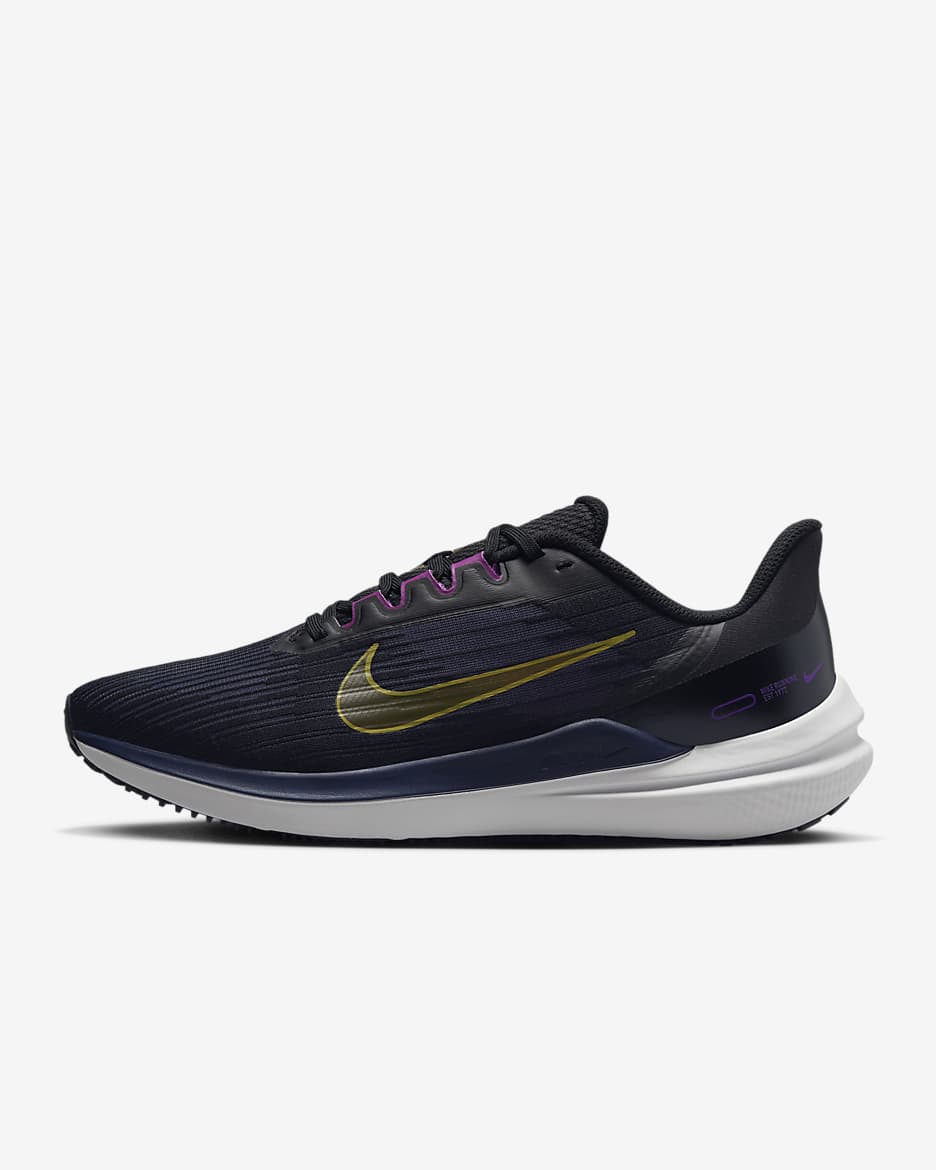 Nike Winflo 9 Men's Road Running Shoes - Black/Blackened Blue/Cave Purple/Gold Suede