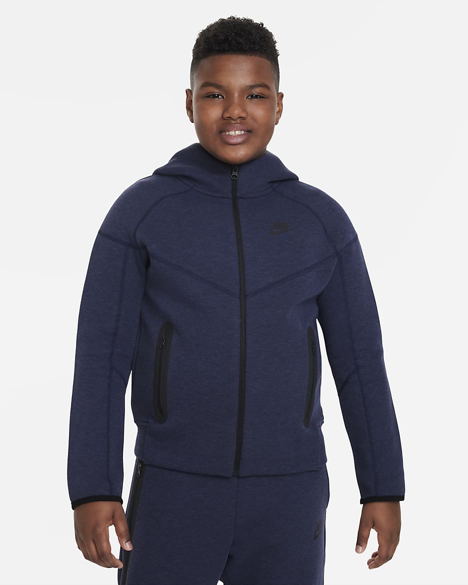 Nike Sportswear Tech Fleece-hættetrøje med lynlås i fuld længde (udvidet størrelse) til større børn (drenge) - Obsidian Heather/sort/sort