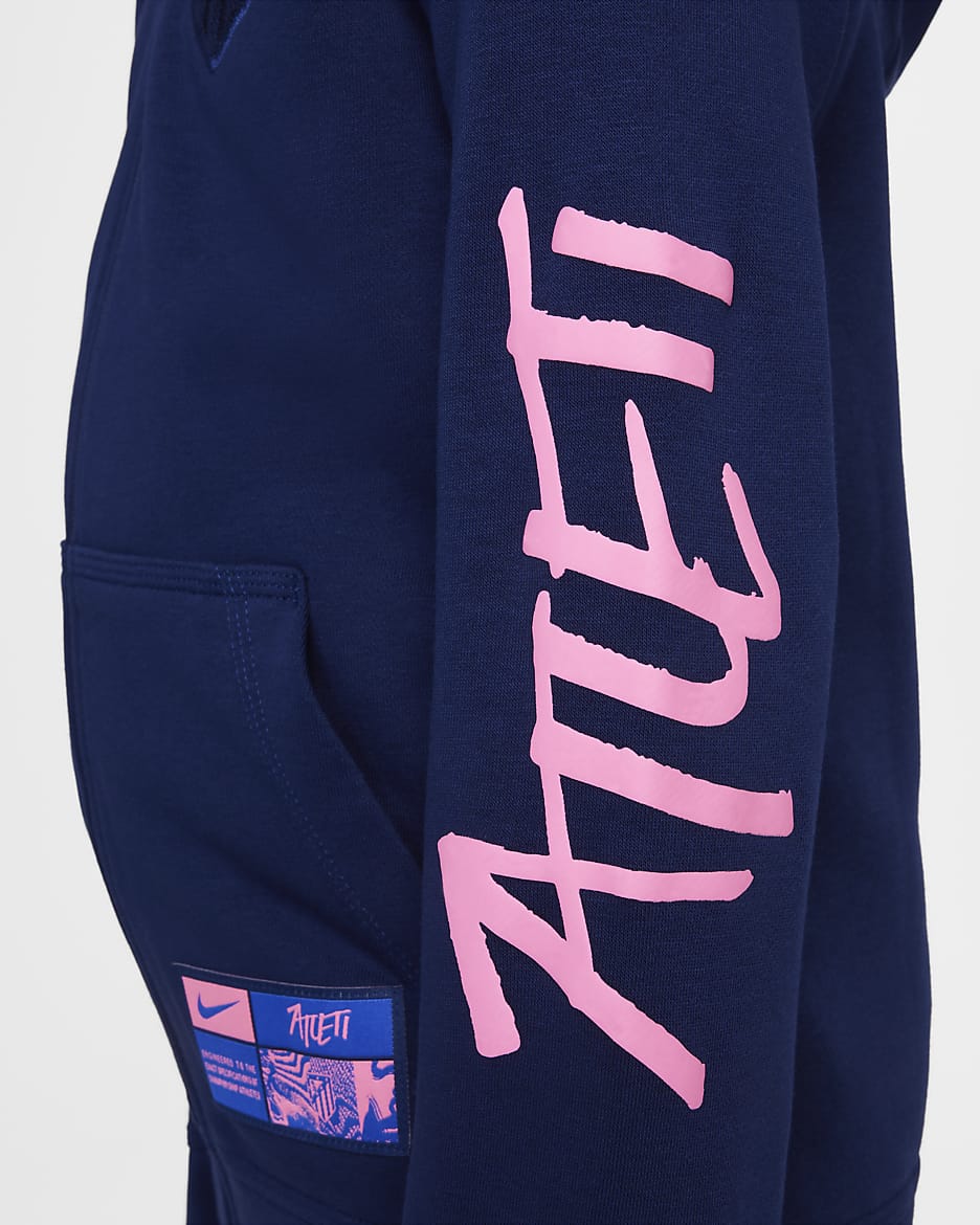 Felpa da calcio con cappuccio e zip a tutta lunghezza in French Terry Nike Atlético de Madrid Club per ragazzo – Terza - Blue Void/Pink Glow