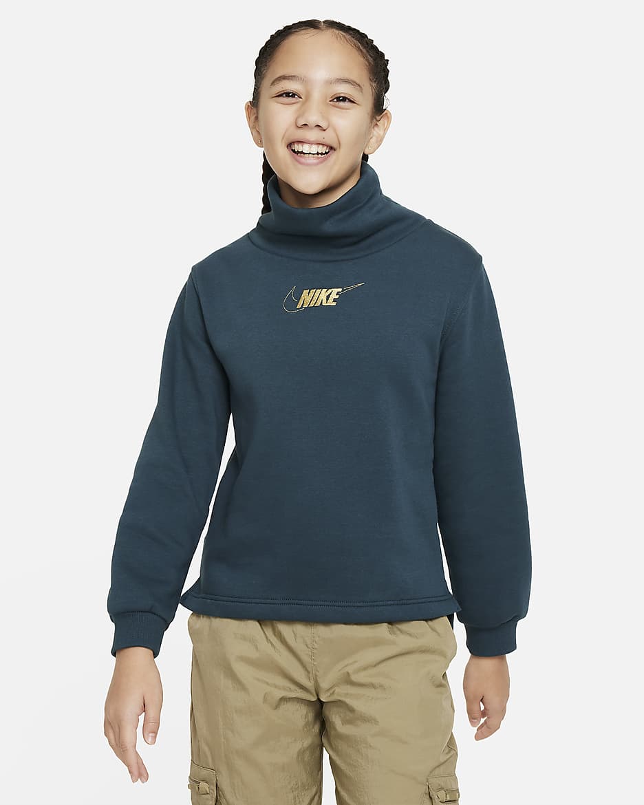 Nike Sportswear Club Fleece Big Kids' (Girls') Long-Sleeve Funnel-Neck Top - Deep Jungle/Metallic Gold