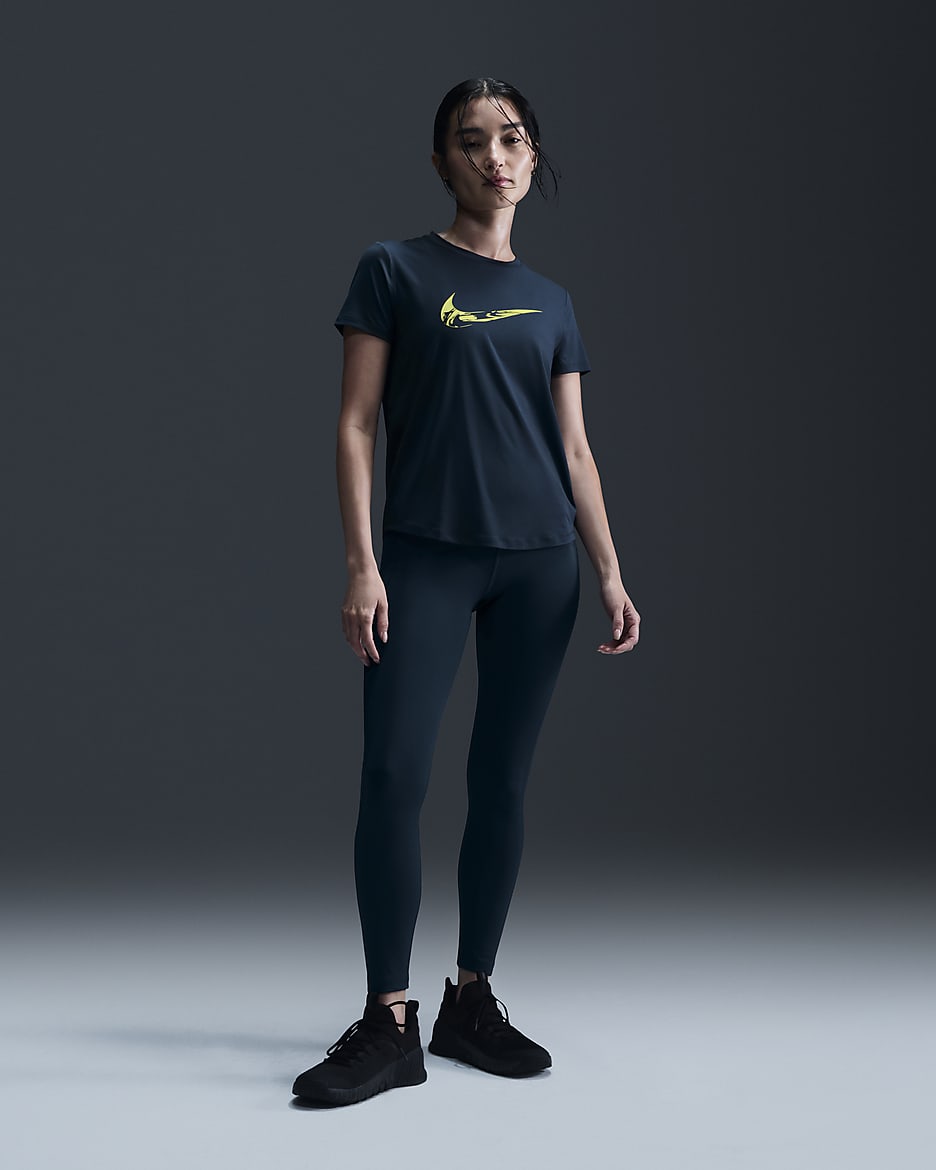 ナイキ ワン ウィメンズ Dri-FIT ショートスリーブ グラフィック ランニングトップ - アーモリーネイビー/ブライトカクタス