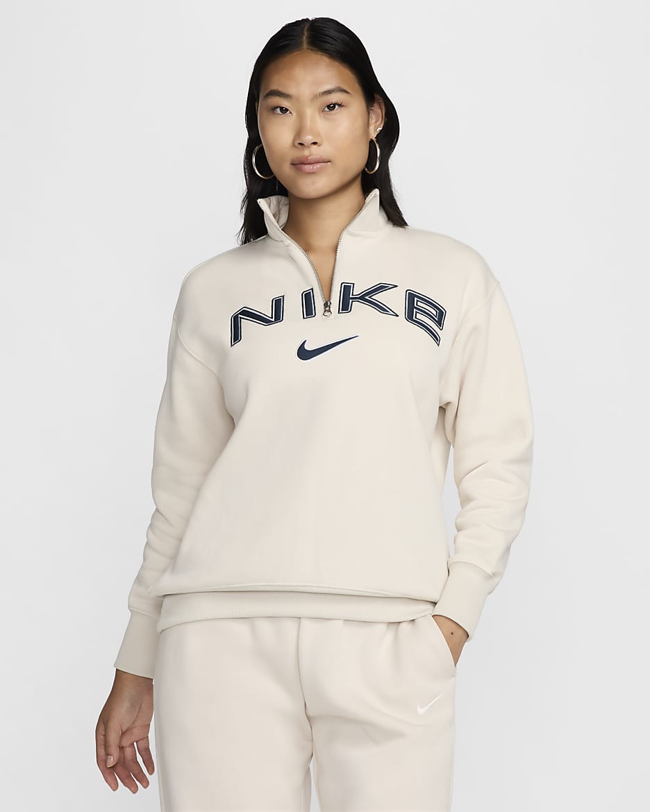 Nike Sportswear Phoenix Fleece Women's Oversized 1/4-Zip Logo Top - Light Orewood Brown/White/Armoury Navy