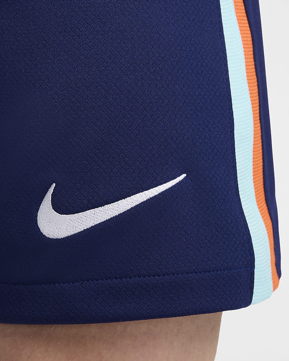 Pánské venkovní fotbalové kraťasy Nike Dri-FIT Replica Nizozemsko 2024 Stadium - Blue Void/Safety Orange/Copa/Bílá