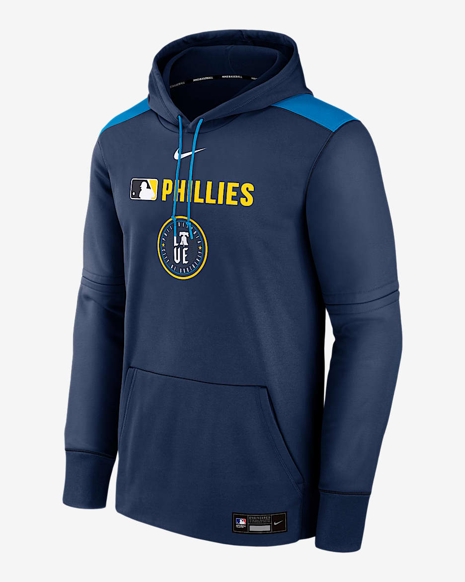 Sudadera con gorro sin cierre Nike Therma de la MLB para hombre Philadelphia Phillies Authentic Collection City Connect - Azul marino