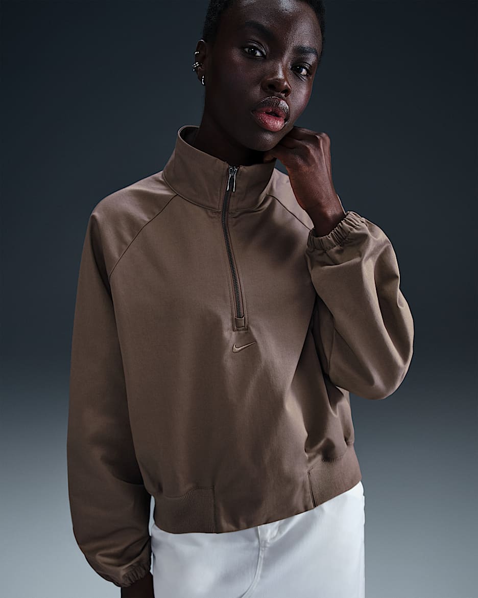 Playera de sarga oversized con cierre de un cuarto para mujer Nike Sportswear Collection - Marrón visón/Marrón visón