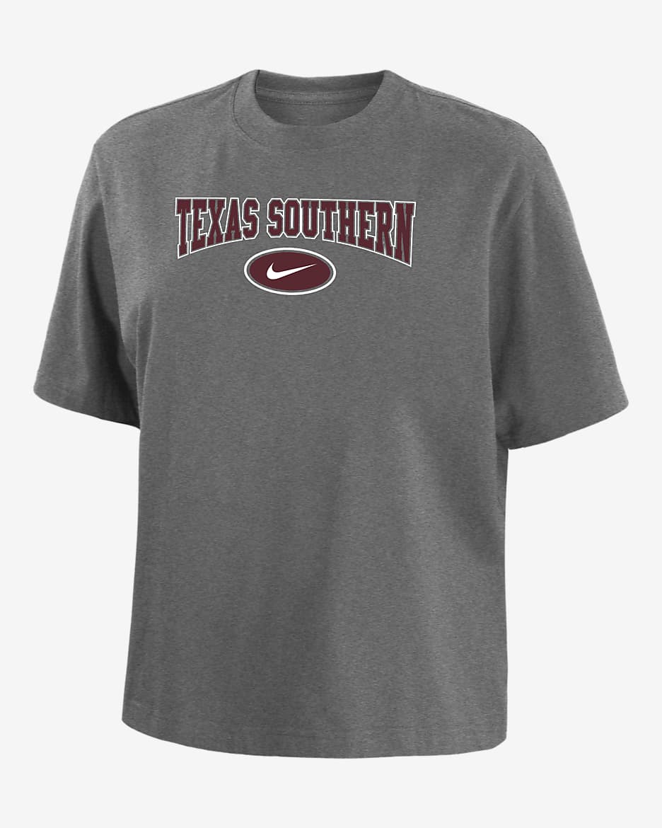 Playera de corte cuadrado universitaria Nike para mujer Texas Southern - Gris oscuro jaspeado