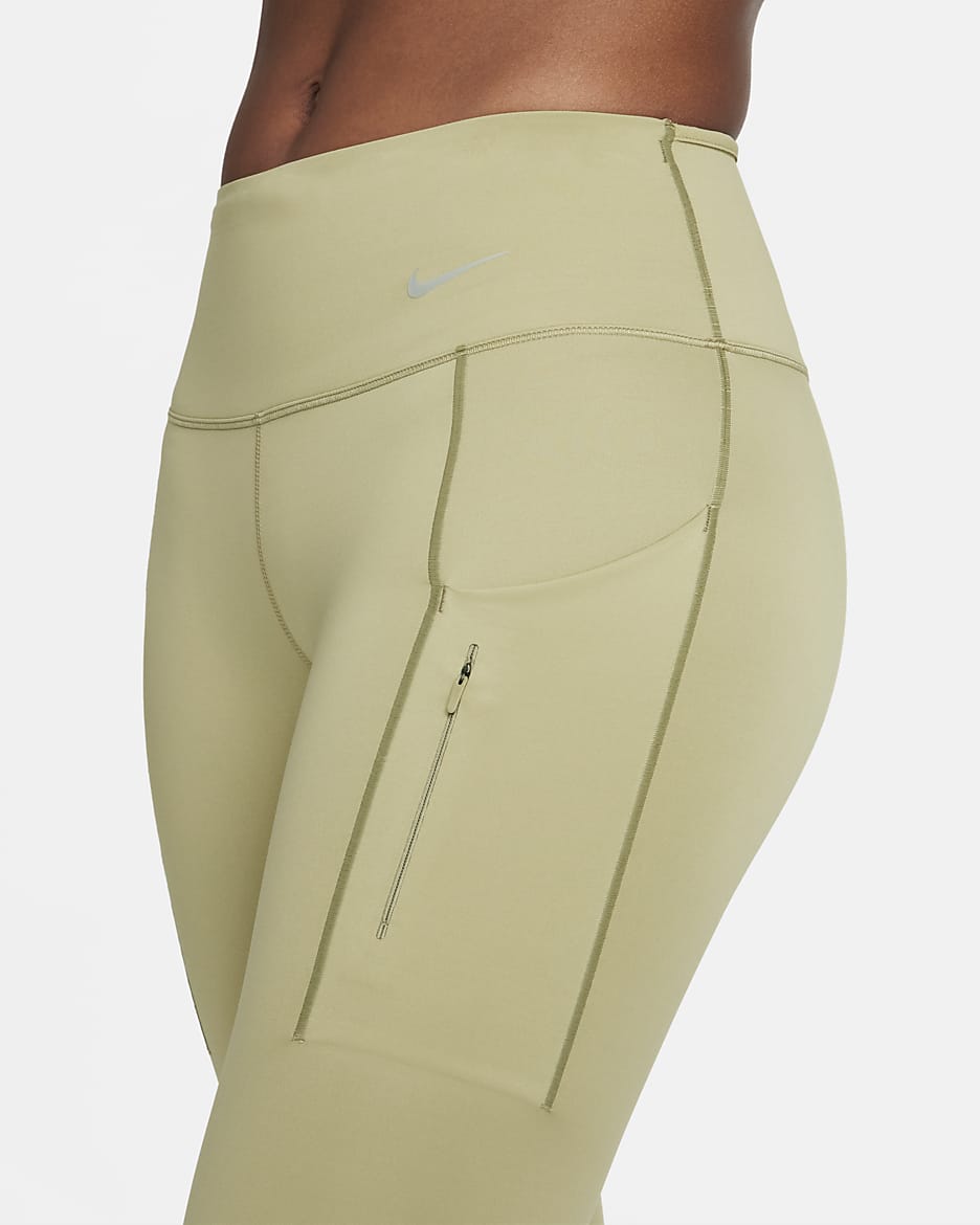 Damskie legginsy ze średnim stanem i kieszeniami o długości 7/8 zapewniające mocne wsparcie Nike Go - Neutral Olive/Czerń