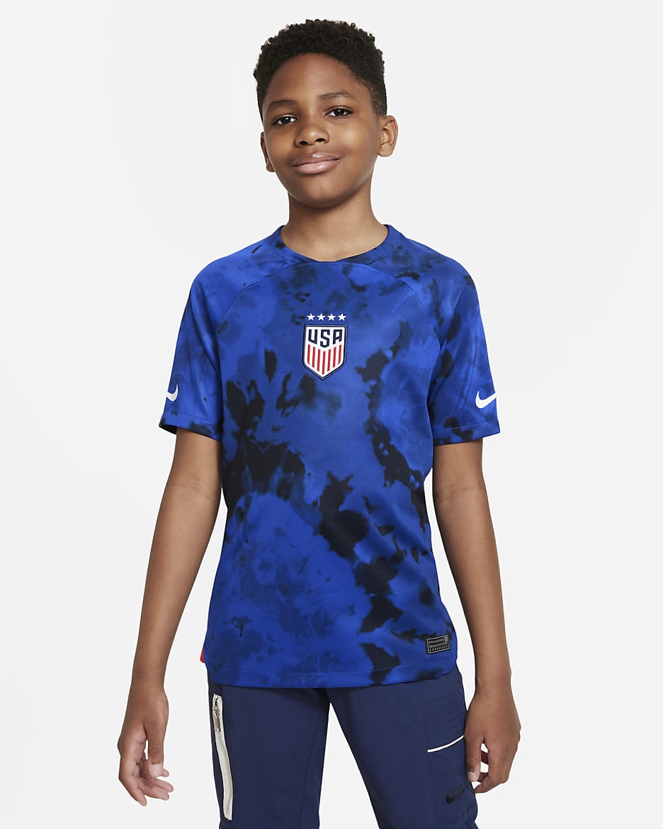 Jersey de fútbol Nike Dri-FIT de la selección femenina de fútbol de EE. UU. visitante 2022/23 Stadium para niños talla grande - Azul brillante/Obsidiana oscuro/Blanco