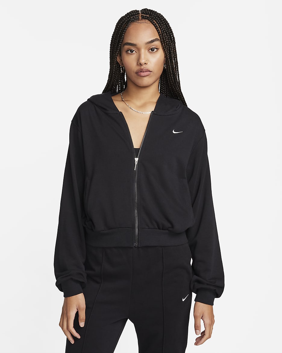 Nike Sportswear Chill Terry hosszú cipzáras, francia frottír, laza, kapucnis női pulóver - Fekete/Sail