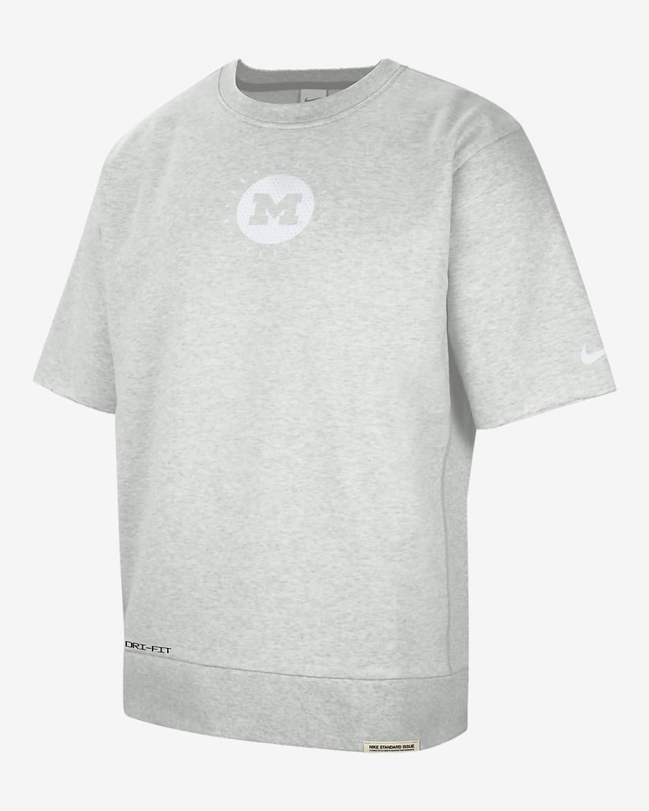 Playera universitaria de cuello redondo recortada Nike Dri-FIT para hombre Michigan Standard Issue - Polvo fotón/Jaspeado/Negro