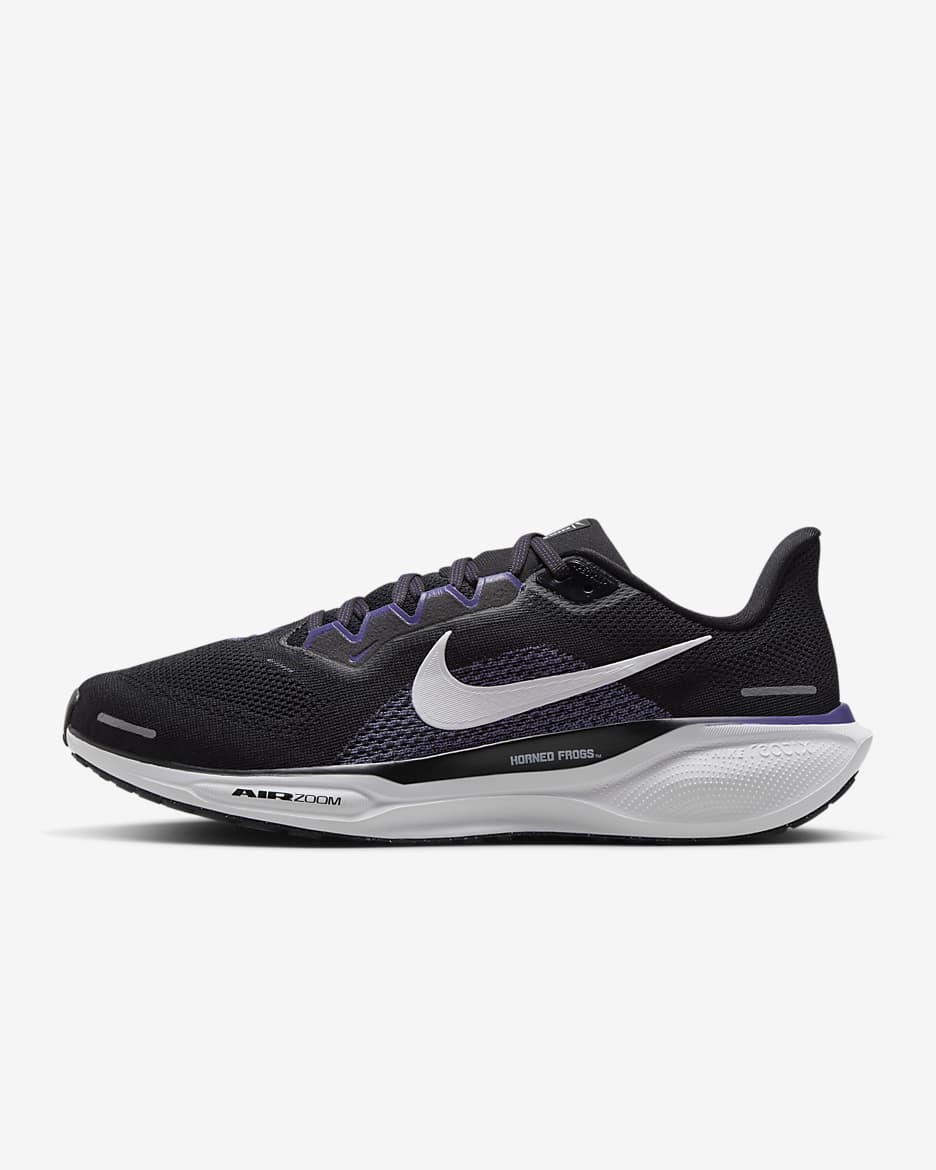 Tenis de correr en pavimento universitarios Nike para hombre TCU Pegasus 41 - Negro/Blanco/Orquídea nuevo/Blanco