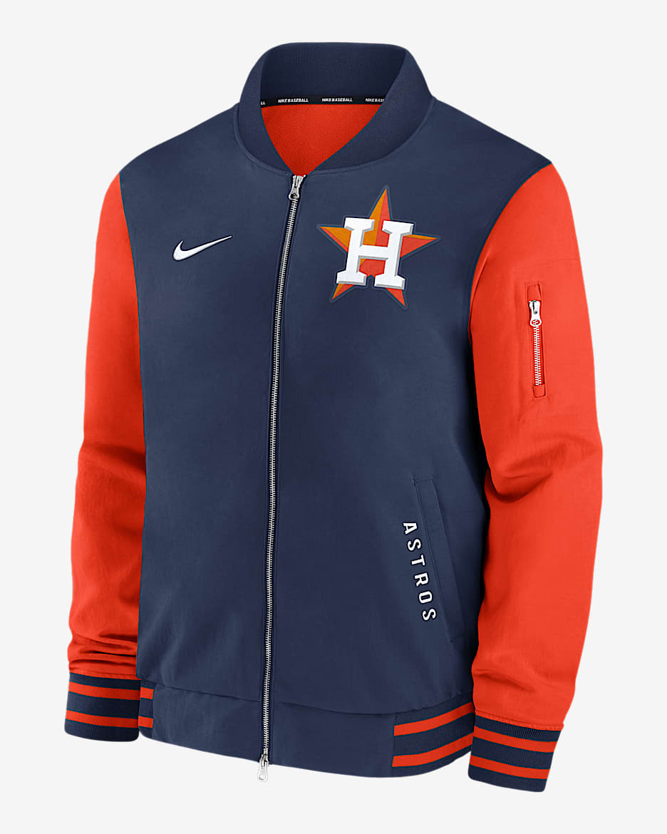 Chamarra bomber Nike de la MLB de cierre completo para hombre Houston Astros Authentic Collection Dugout - Azul marino medianoche