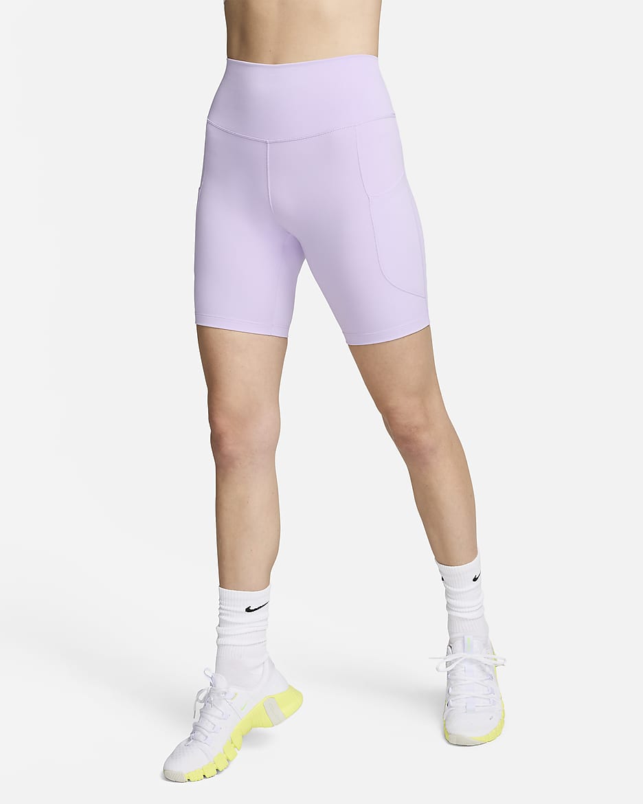 Nike One Women's High-Waisted 8" Biker Shorts with Pockets - Lilac Bloom/Black