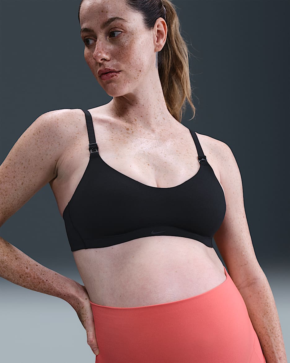 Bra deportivo de baja sujeción con almohadillas para lactancia para mujer (maternidad) Nike (M) Alate Minimalist - Negro/Gris azulado jaspeado