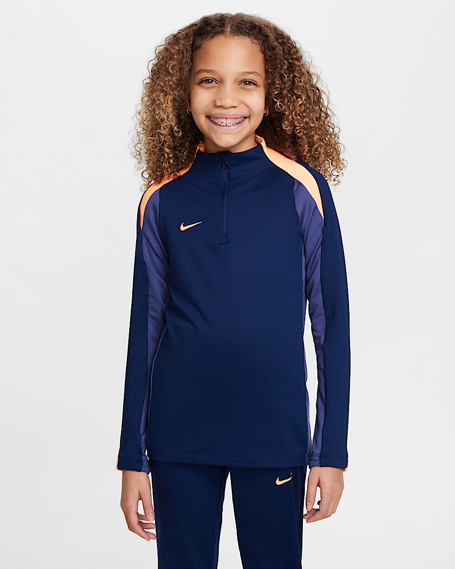 Nike Dri-FIT Strike Older Kids' Football Drill Top - Blue Void/Dark Purple Dust/Orange Pulse/Orange Pulse