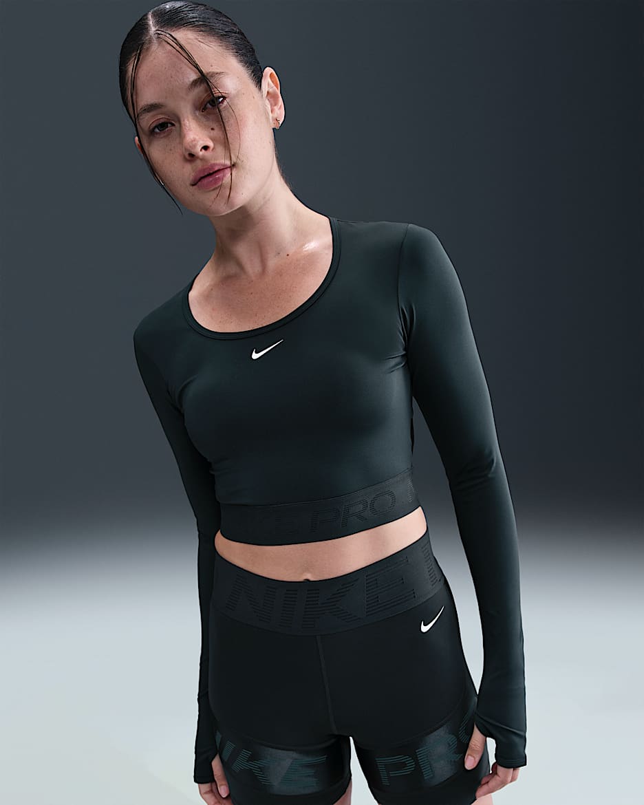 Nike Pro Women's Dri-FIT Cropped Long-Sleeve Top - Seaweed/Vintage Green/White