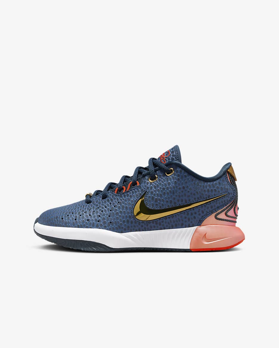 Scarpa da basket LeBron XXI – Ragazzo/a - Armory Navy/Cosmic Clay/Bianco/Oro metallizzato